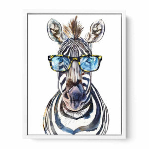 Playful zebra watercolor canvas art with glasses for kids room or office decor.