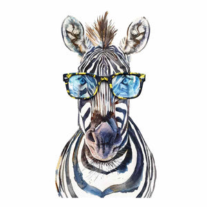 Playful zebra watercolor canvas art with glasses for kids room or office decor.