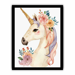 Pastel unicorn watercolor canvas art with flowers for nursery and kids room decor.
