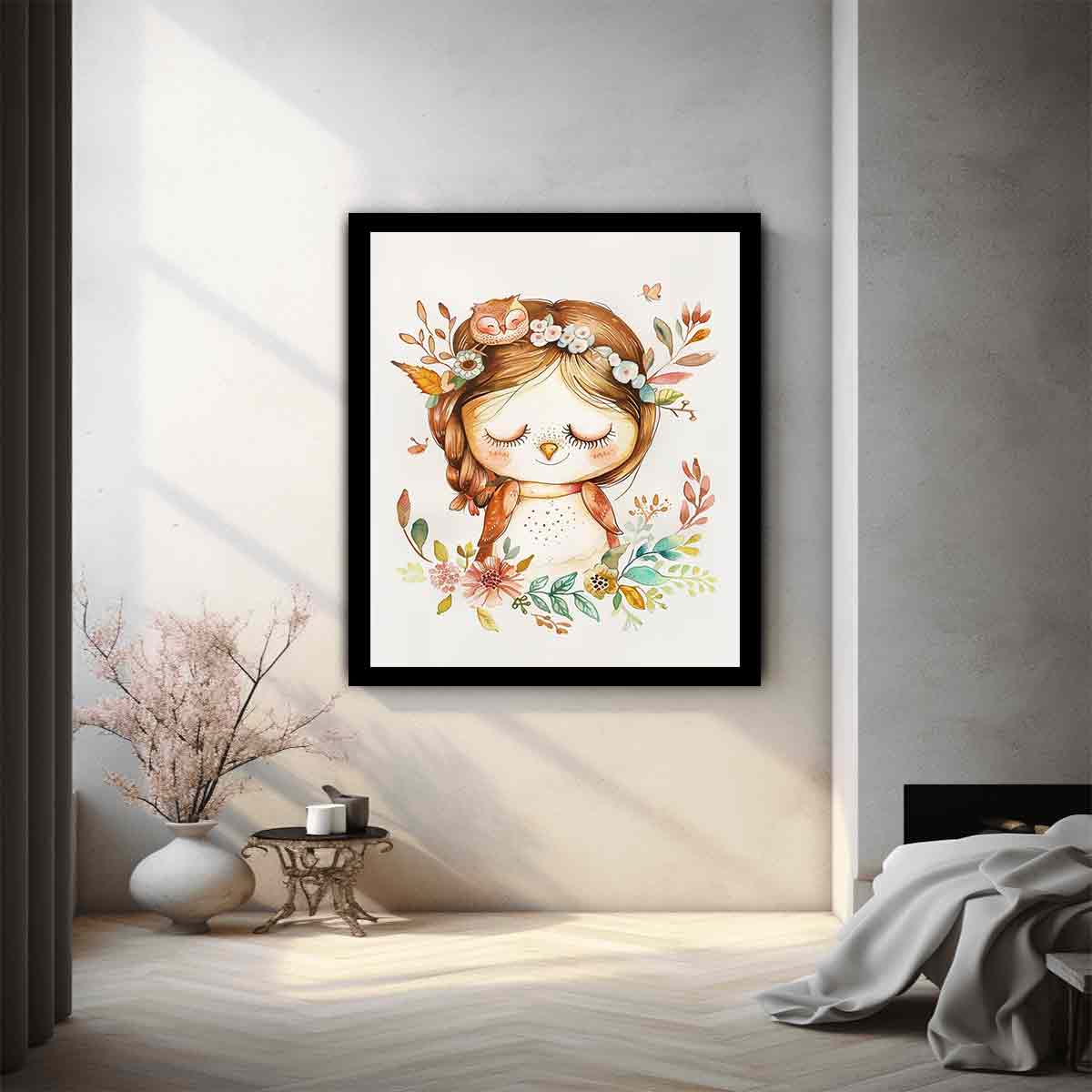 Sweet woodland owl girl canvas art with flowers and leaves for nursery decor.