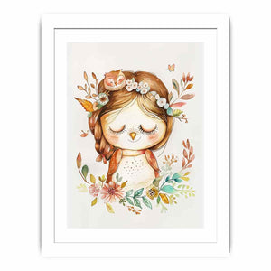 Sweet woodland owl girl canvas art with flowers and leaves for nursery decor.