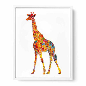 Colorful watercolor giraffe canvas art for playful kids room or nursery decor.