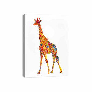 Colorful watercolor giraffe canvas art for playful kids room or nursery decor.