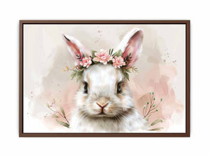 White bunny floral watercolor canvas art for nursery and kids room decor.