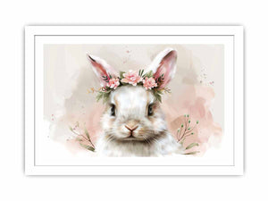 White bunny floral watercolor canvas art for nursery and kids room decor.