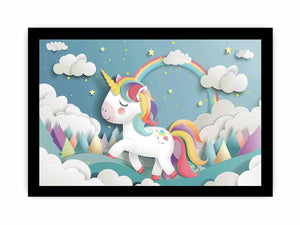 Rainbow unicorn canvas print with clouds and stars for kids bedroom decor.