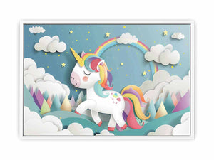 Rainbow unicorn canvas print with clouds and stars for kids bedroom decor.