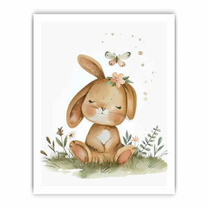 Sleepy meadow bunny watercolor canvas art for cozy nursery wall decor.