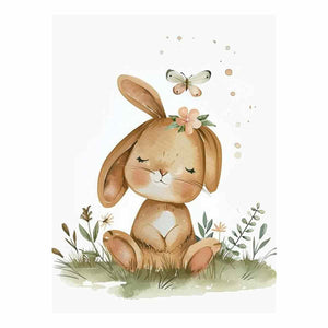 Sleepy meadow bunny watercolor canvas art for cozy nursery wall decor.