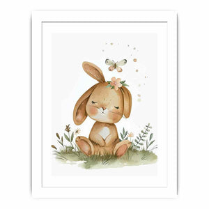 Sleepy meadow bunny watercolor canvas art for cozy nursery wall decor.