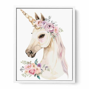 Floral unicorn portrait watercolor canvas art for girls bedroom decor.