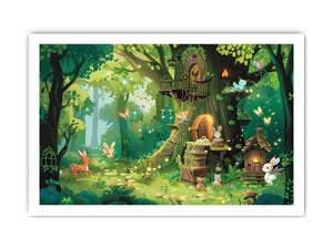 Enchanted forest treehouse canvas art for kids bedroom and playroom decor.