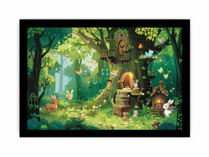 Enchanted forest treehouse canvas art for kids bedroom and playroom decor.