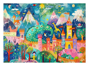 Colorful dragon castle fantasy canvas art for kids room wall decor.