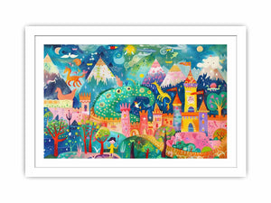 Colorful dragon castle fantasy canvas art for kids room wall decor.
