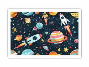 Space rocket and planets canvas print for kids bedroom or playroom decor.