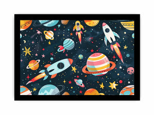Space rocket and planets canvas print for kids bedroom or playroom decor.