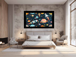 Space rocket and planets canvas print for kids bedroom or playroom decor.