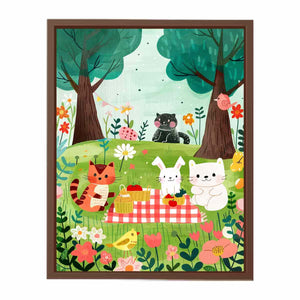 Woodland picnic animal canvas art with cats and bunny for a cozy kids room.