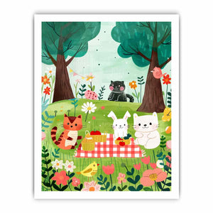 Woodland picnic animal canvas art with cats and bunny for a cozy kids room.