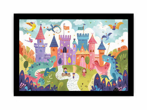 Pastel dragon castle canvas art for a magical kids bedroom or playroom.