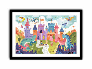 Pastel dragon castle canvas art for a magical kids bedroom or playroom.