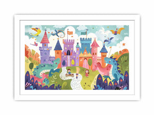 Pastel dragon castle canvas art for a magical kids bedroom or playroom.