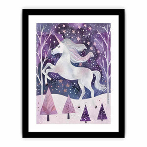 White unicorn winter forest canvas art for a dreamy kids bedroom or nursery.