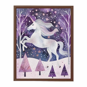 White unicorn winter forest canvas art for a dreamy kids bedroom or nursery.