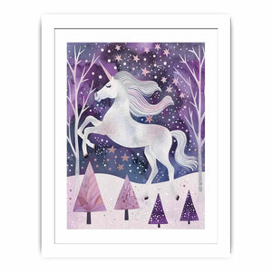White unicorn winter forest canvas art for a dreamy kids bedroom or nursery.