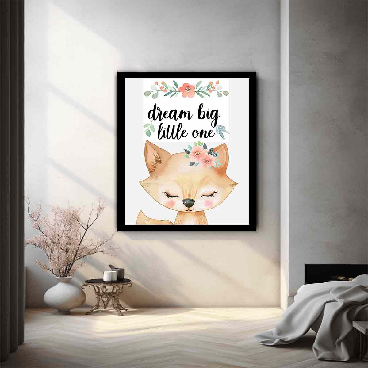 Watercolor fox nursery canvas print with floral crown and dream big typography for kids room decor.