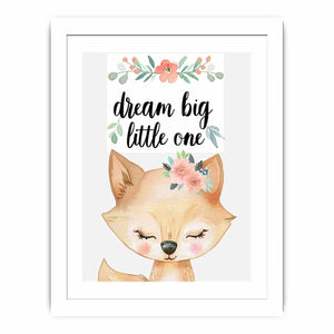Watercolor fox nursery canvas print with floral crown and dream big typography for kids room decor.