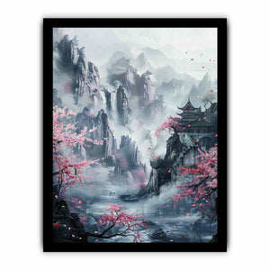 Misty Asian mountain canvas art with cherry blossoms, waterfall and pavilion for serene living room decor.