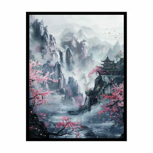 Misty Asian mountain canvas art with cherry blossoms, waterfall and pavilion for serene living room decor.