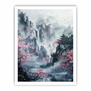 Misty Asian mountain canvas art with cherry blossoms, waterfall and pavilion for serene living room decor.