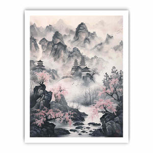 Traditional Asian ink landscape canvas art with misty mountains, pagodas and blossoms for calm decor.