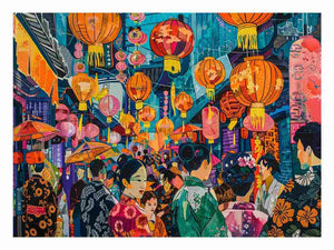 Vibrant Asian lantern street canvas art with umbrellas, crowd and neon city details for statement decor.