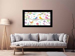 Colorful bird and floral canvas print with butterflies and branches for cheerful nursery or kids room decor.