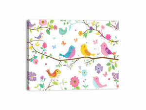 Colorful bird and floral canvas print with butterflies and branches for cheerful nursery or kids room decor.