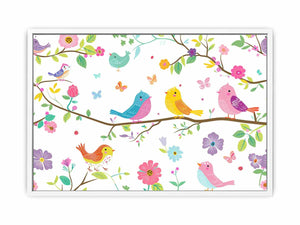 Colorful bird and floral canvas print with butterflies and branches for cheerful nursery or kids room decor.