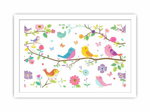 Colorful bird and floral canvas print with butterflies and branches for cheerful nursery or kids room decor.
