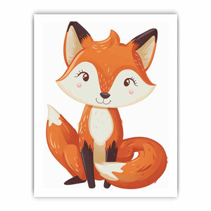 Cute orange fox canvas print with smiling woodland animal illustration for nursery and kids room decor.