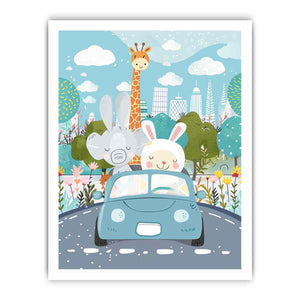 Cute animal car ride canvas print with bunny, elephant and giraffe for colorful kids room decor.