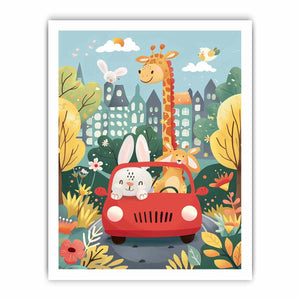 Colorful giraffe and bunny car ride canvas print with flowers and city houses for kids room decor.