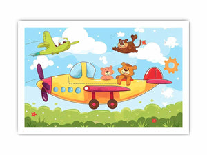 Cute bear airplane canvas print with clouds, sun and cheerful sky adventure for nursery or kids room decor.