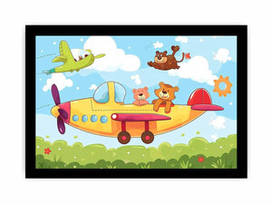 Cute bear airplane canvas print with clouds, sun and cheerful sky adventure for nursery or kids room decor.