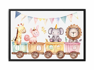Pastel safari animal train canvas art for nursery and kids room decor.