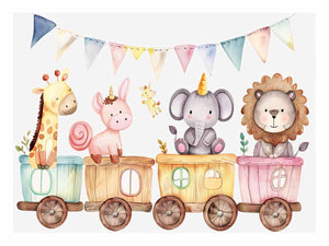 Pastel safari animal train canvas art for nursery and kids room decor.