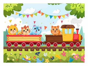 Colorful animal train canvas art for nursery, playroom, or kids bedroom decor.