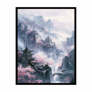 Misty Asian mountain canvas art with pagodas and pink blossoms for tranquil room decor.
